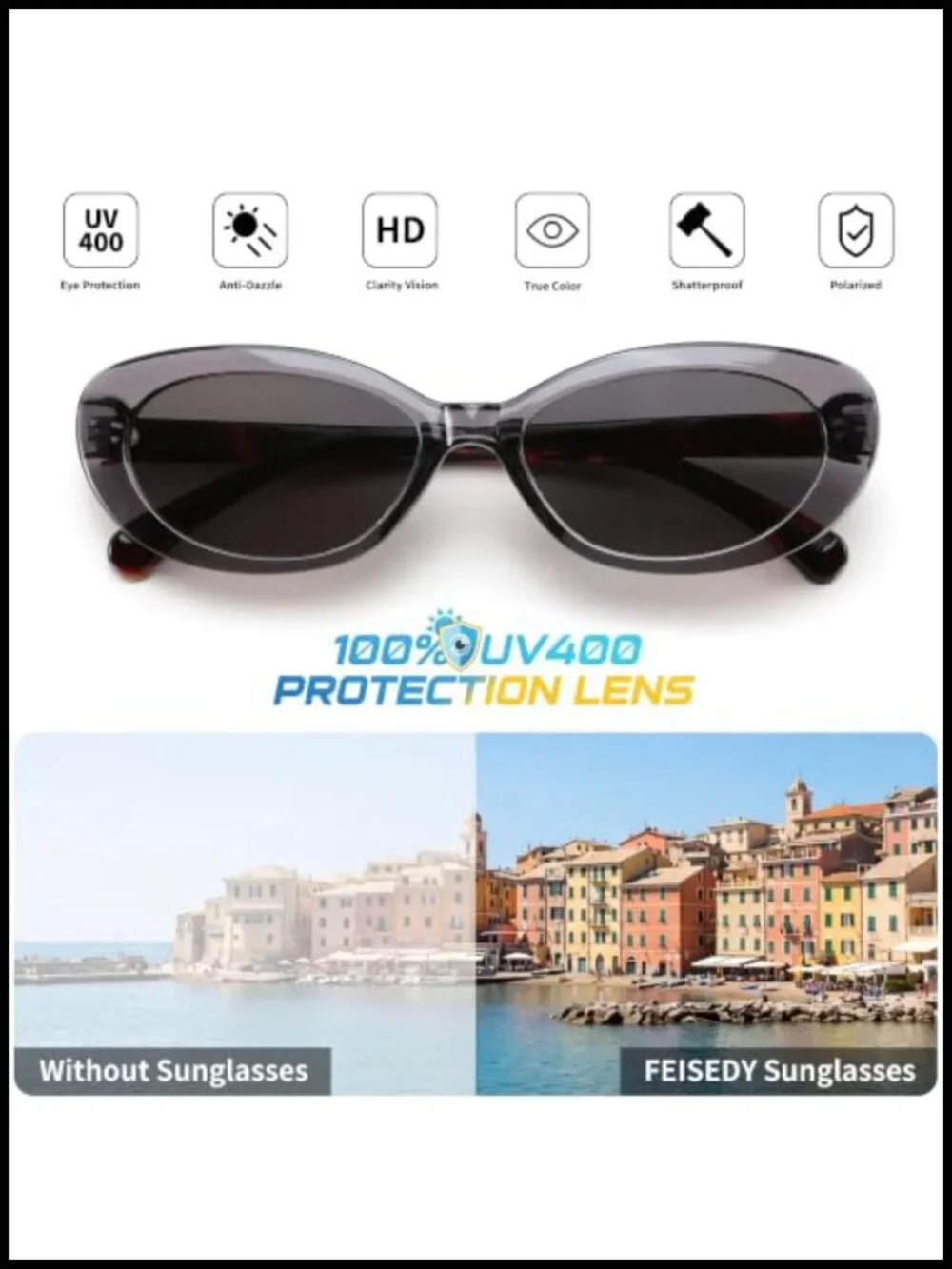 Retro Oval Cat Eye Sunglasses for Women UV400 Lightweight Plastic Frame